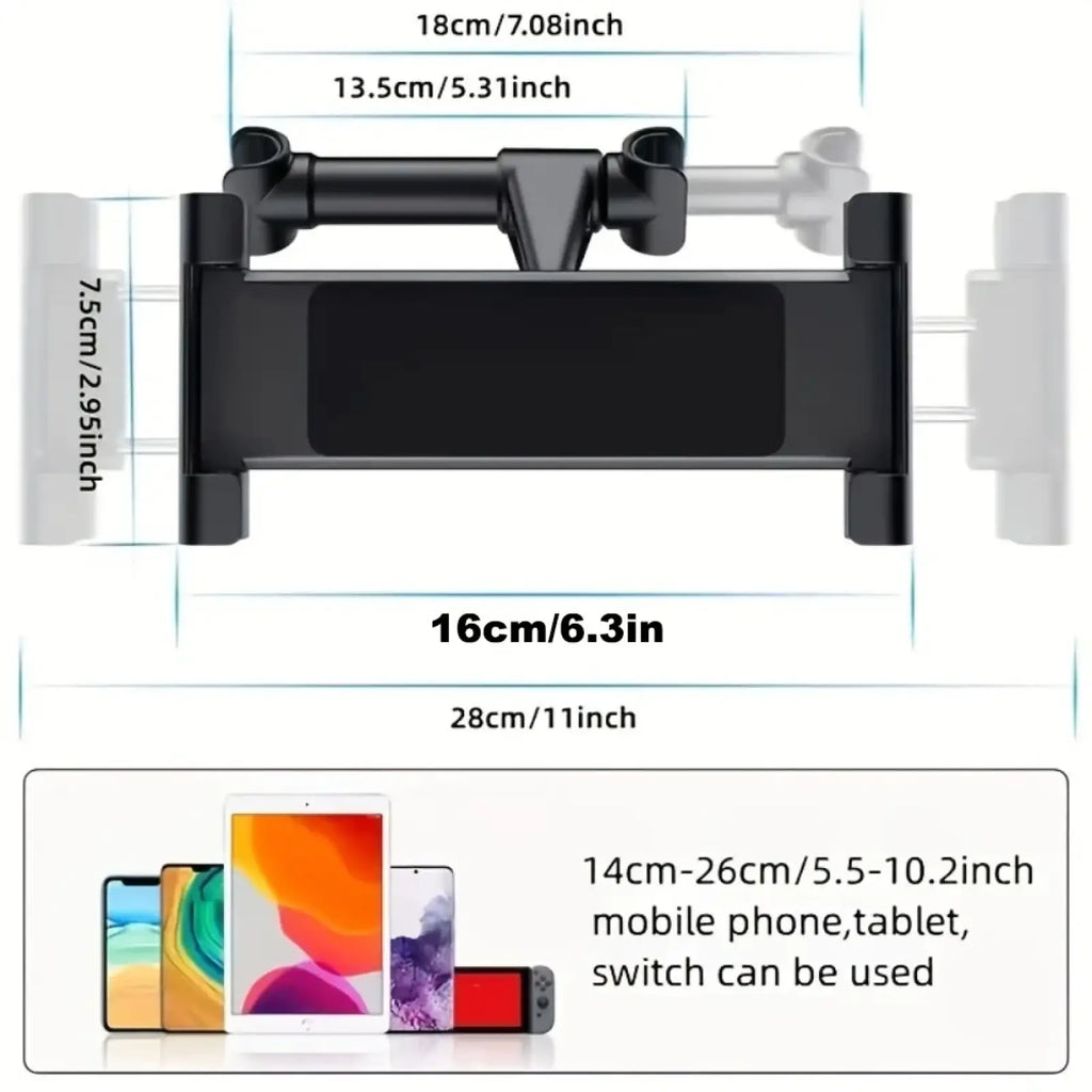 Black plastic car tablet holder headrest mount with adjustable arms for secure support of 4.7 to 12.9 inch devices