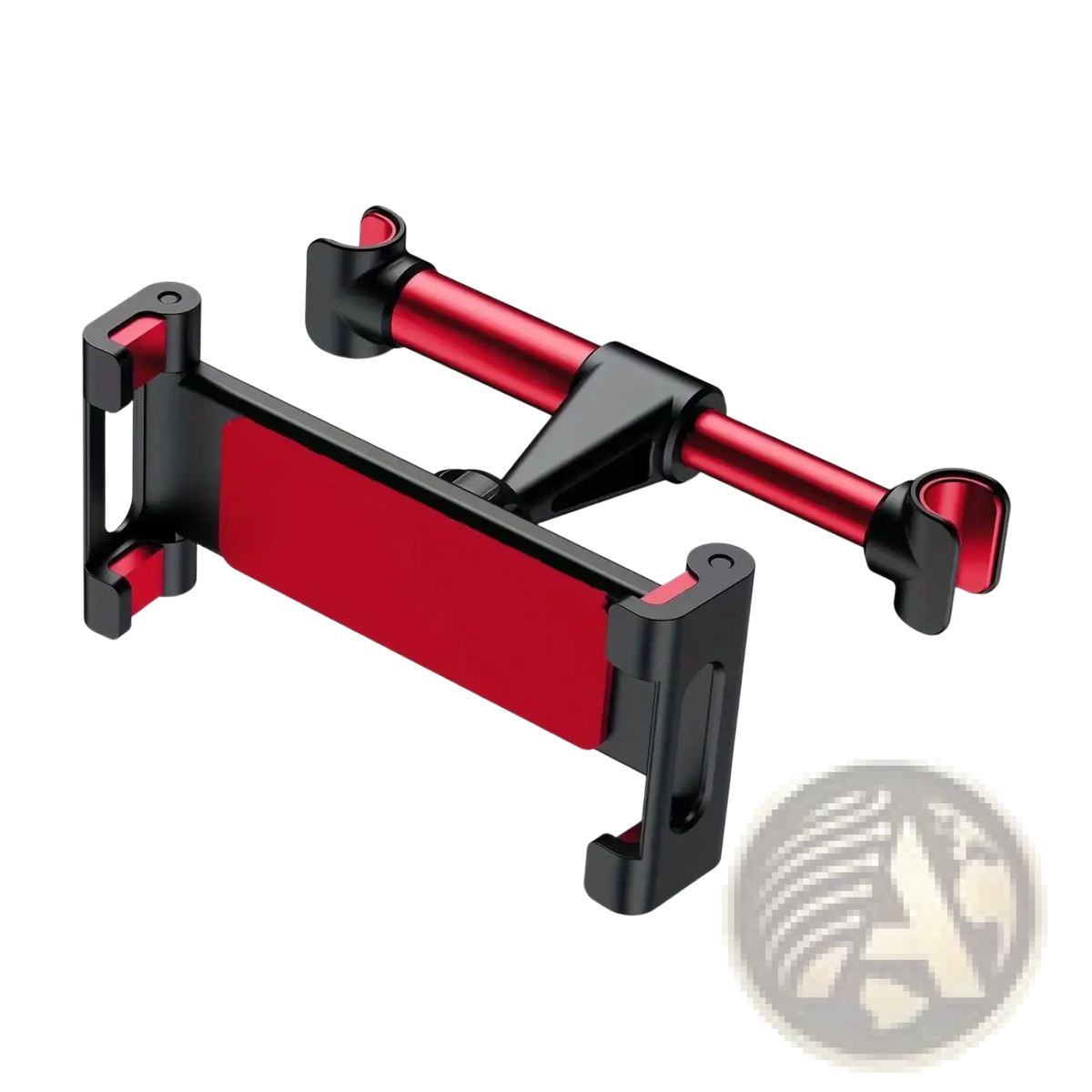 Red and black car tablet holder headrest mount with adjustable arms for 4.7 to 12.9 inch devices, back side view