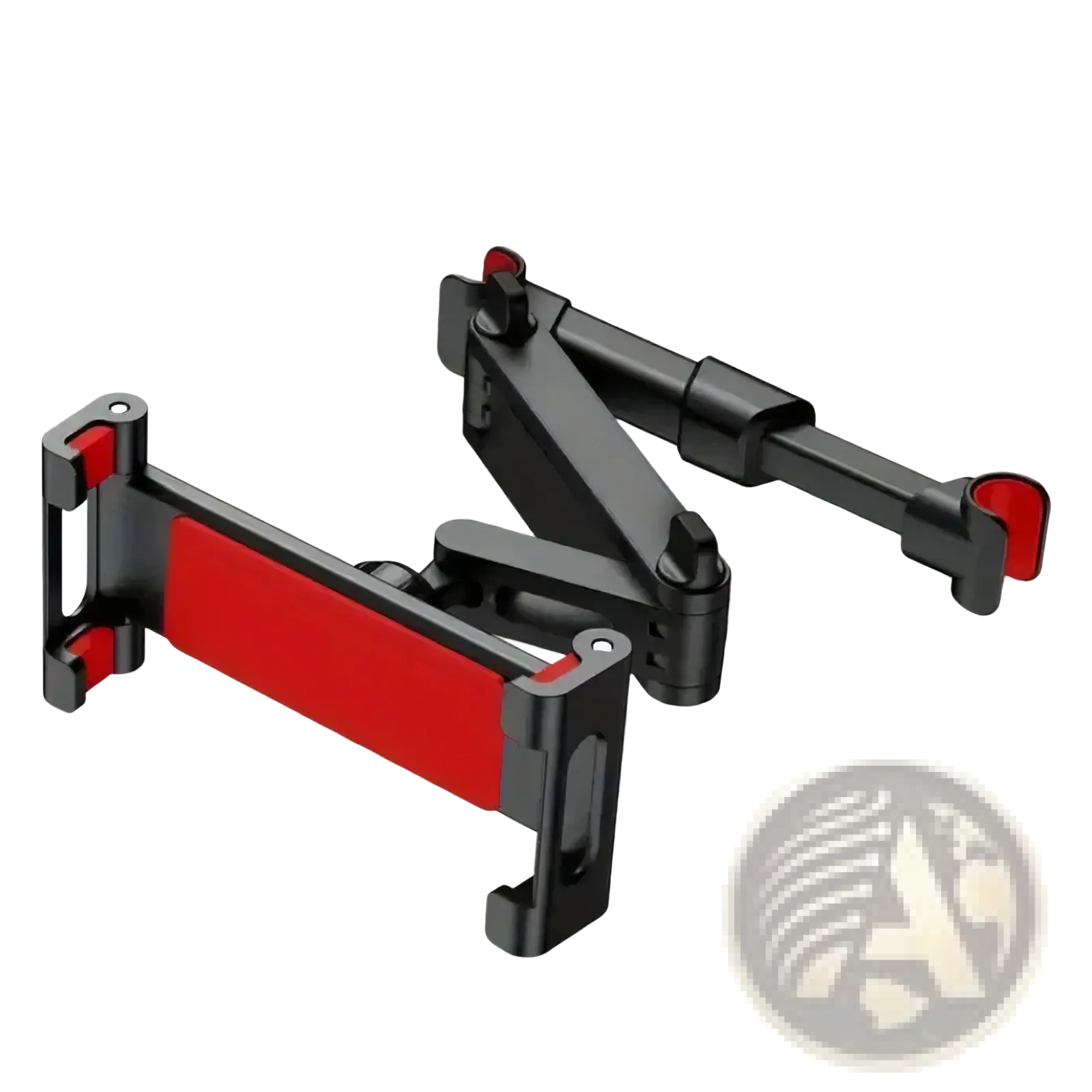 Black and red adjustable car tablet holder headrest mount with sleek articulated design for secure device holding