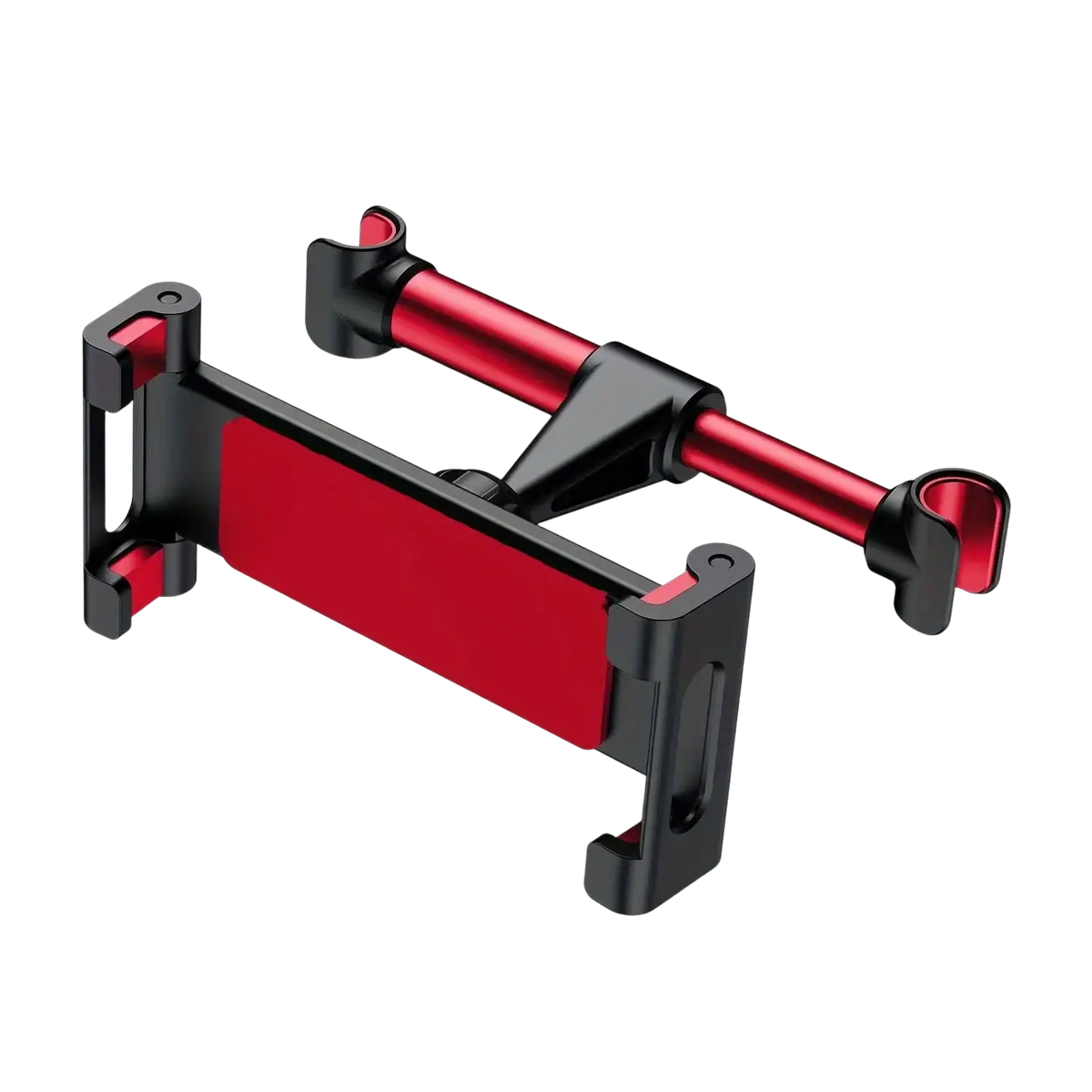 Red and black car tablet holder headrest mount with adjustable arms for 4.7 to 12.9 inch devices, back side view