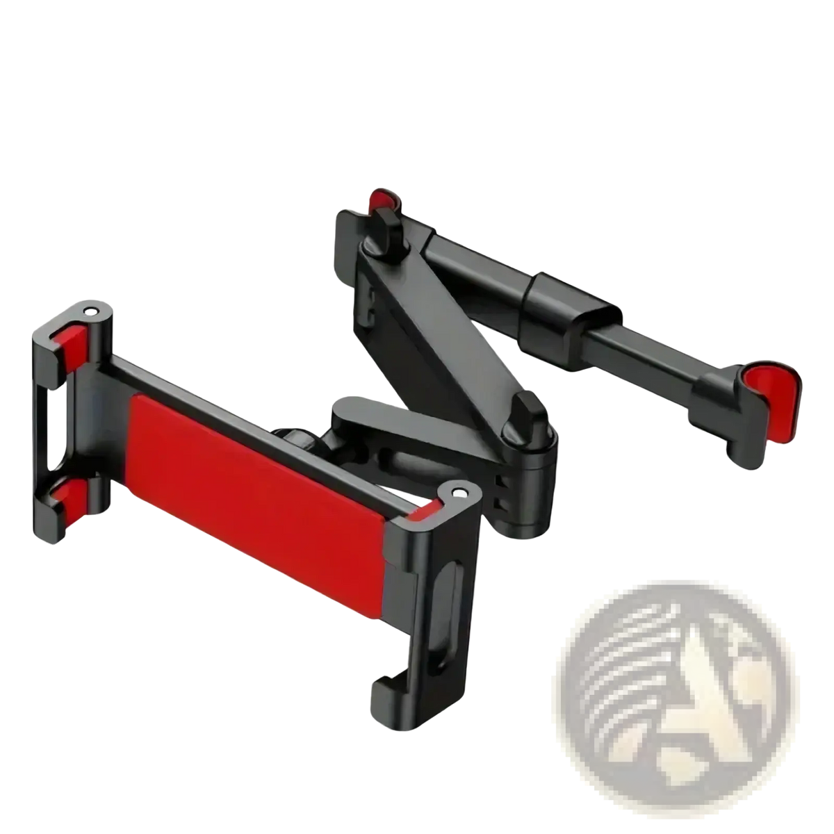Black and red adjustable car tablet holder headrest mount with sleek articulated design for secure device holding