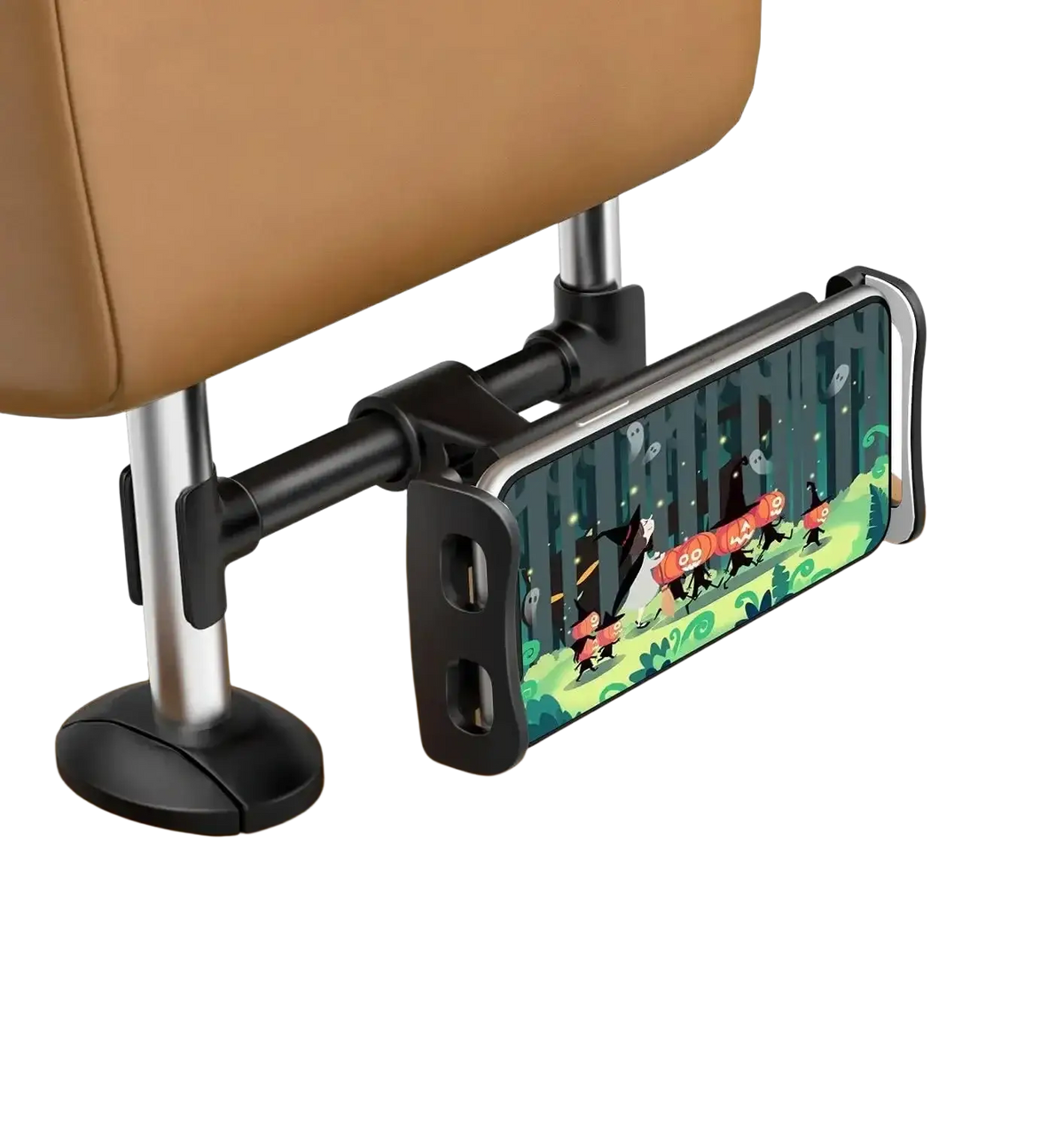 Black adjustable car headrest phone holder with sleek minimalist design for 360 rotating car tablet mount use