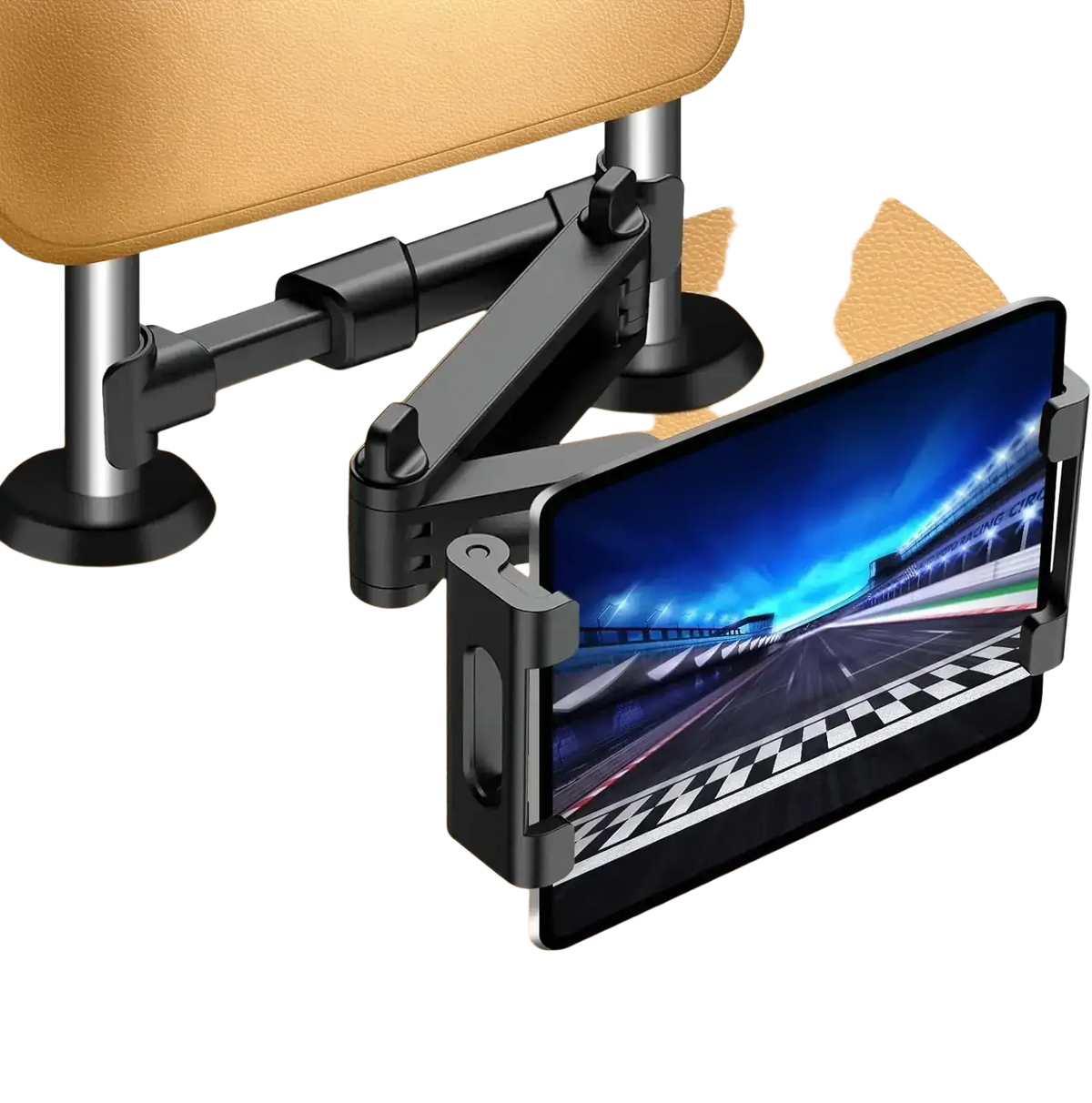 Black adjustable car tablet mount with 360 rotating headrest holder and articulated arm securely gripping smartphone
