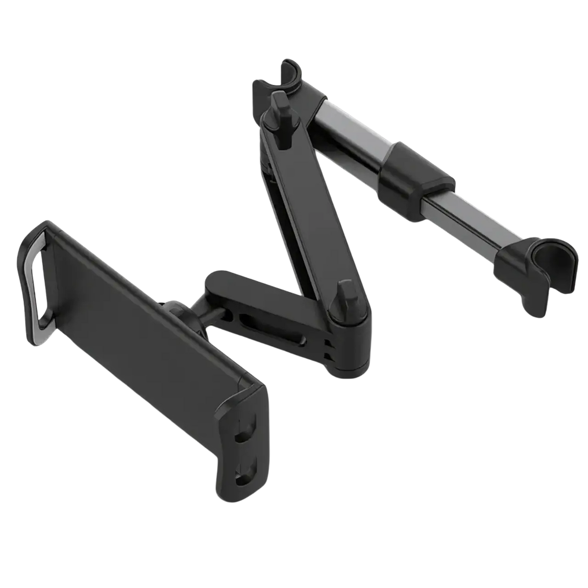 Black adjustable car tablet mount with 360 rotating headrest holder and sleek foldable matte finish design