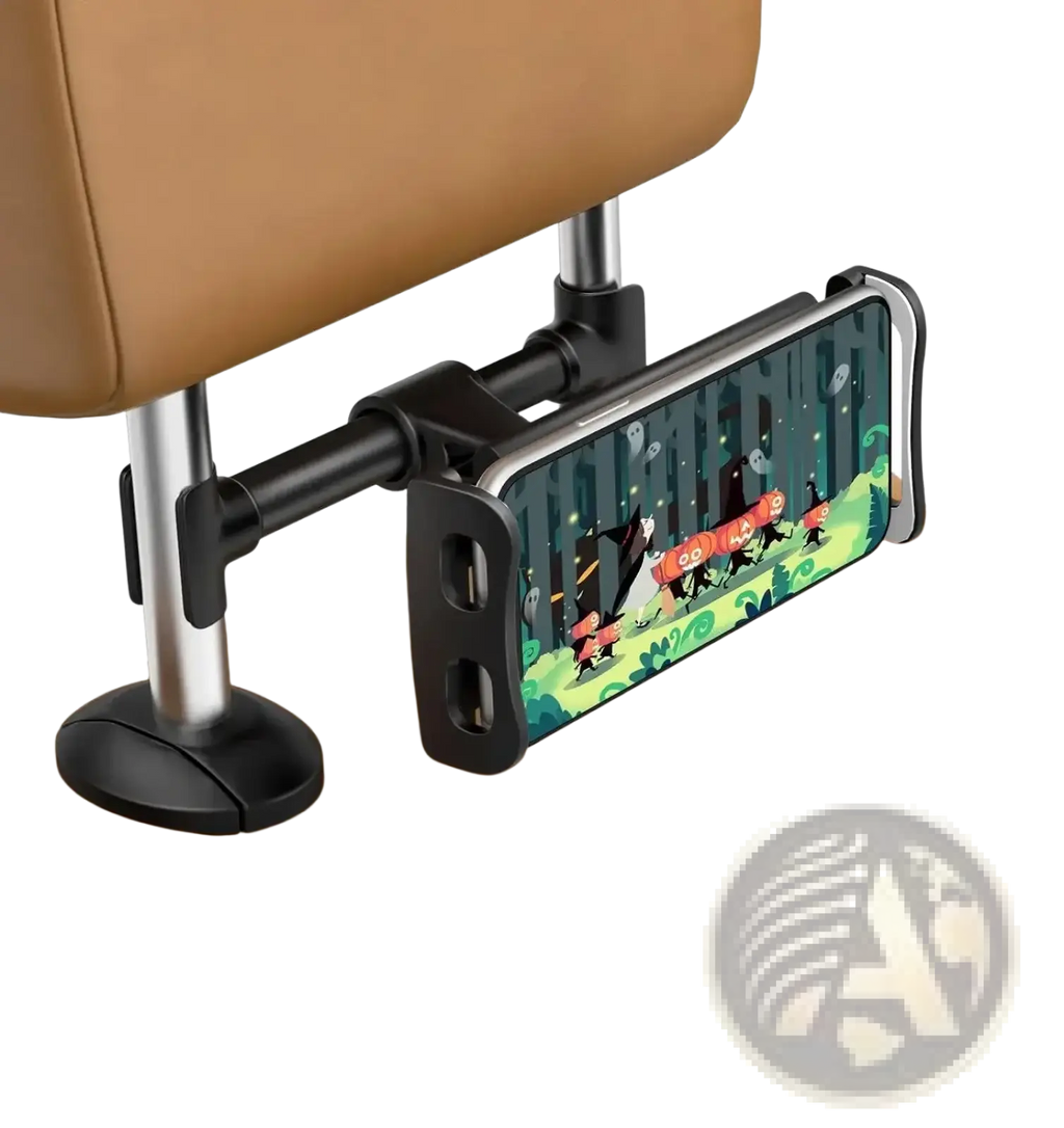 Black adjustable car headrest phone holder with sleek minimalist design for 360 rotating car tablet mount use