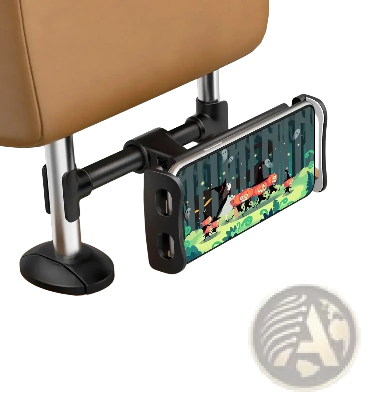 Black adjustable car headrest phone holder with sleek minimalist design for 360 rotating car tablet mount use