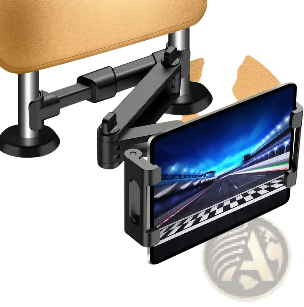 Black adjustable car tablet mount with 360 rotating headrest holder and articulated arm securely gripping smartphone