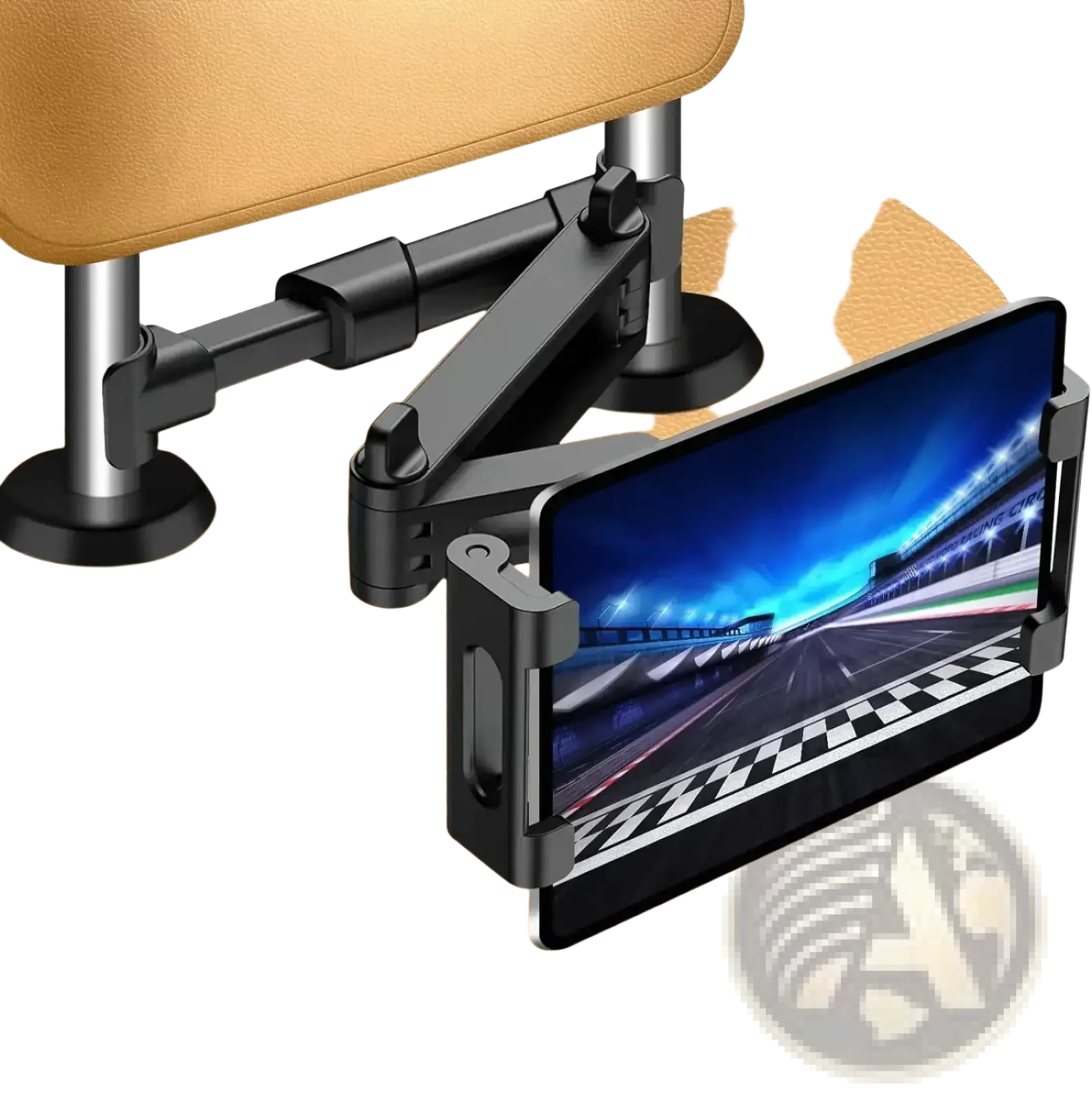 Black adjustable car tablet mount with 360 rotating headrest holder and articulated arm securely gripping smartphone