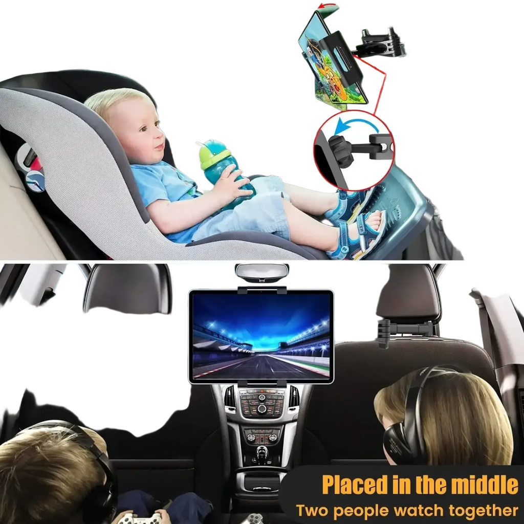 Black adjustable car tablet mount with 360 rotating headrest holder showing the back side of the holder
