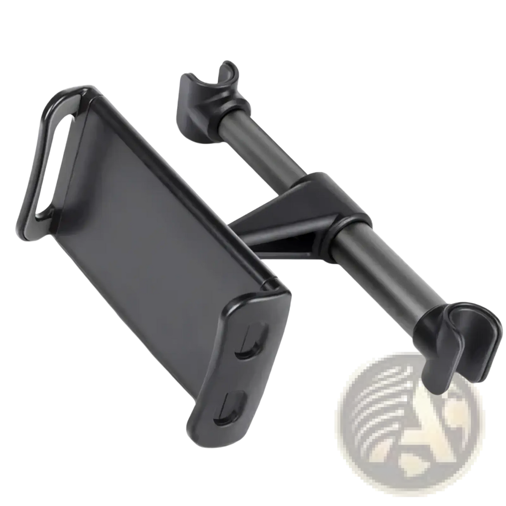 Black plastic car tablet mount with 360 rotating headrest holder and adjustable clip arms for secure device placement
