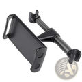 Black plastic car tablet mount with 360 rotating headrest holder and adjustable clip arms for secure device placement
