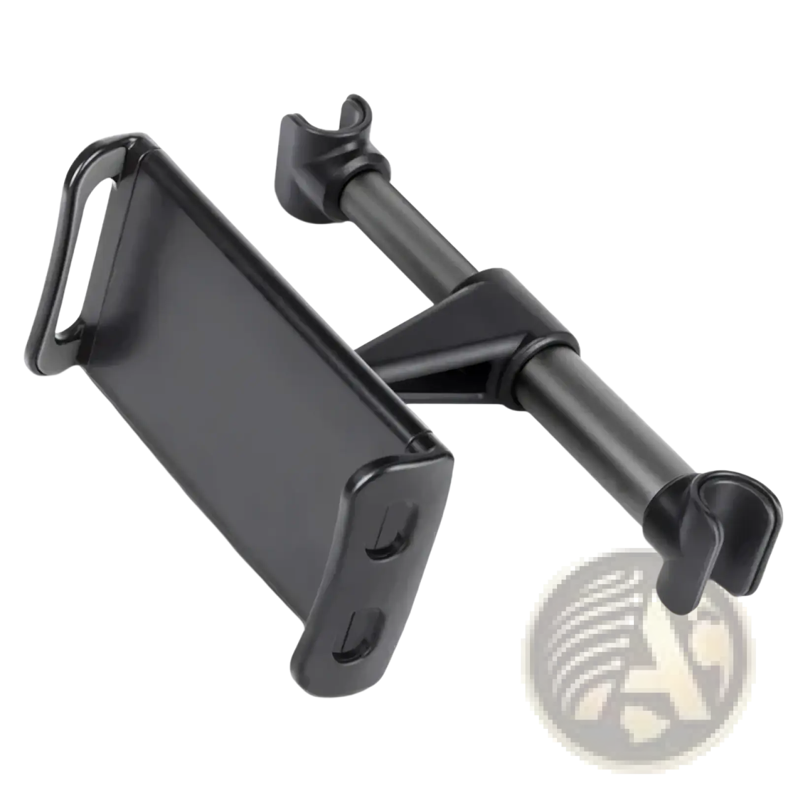 Black plastic car tablet mount with 360 rotating headrest holder and adjustable clip arms for secure device placement
