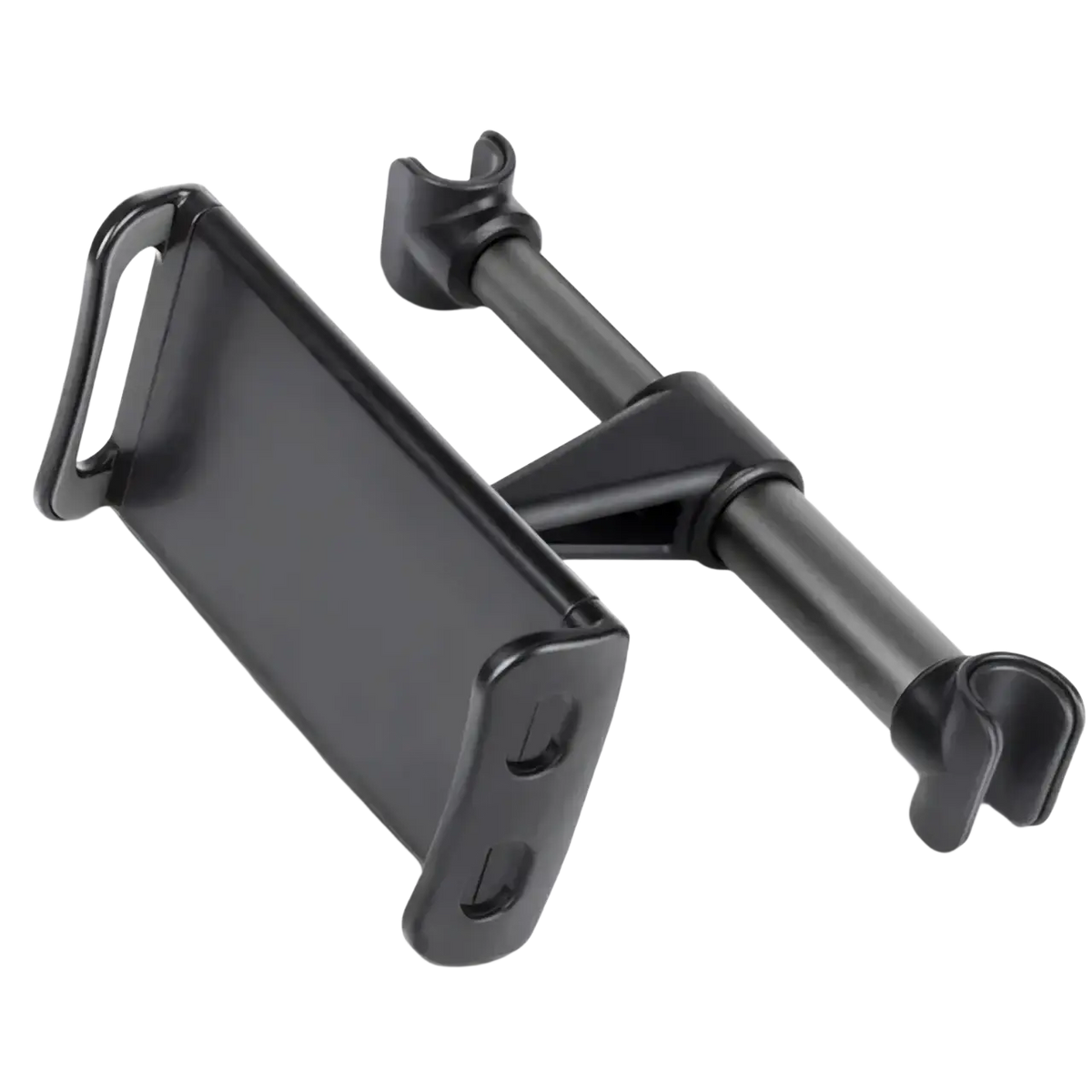 Black plastic car tablet mount with 360 rotating headrest holder and adjustable clip arms for secure device placement