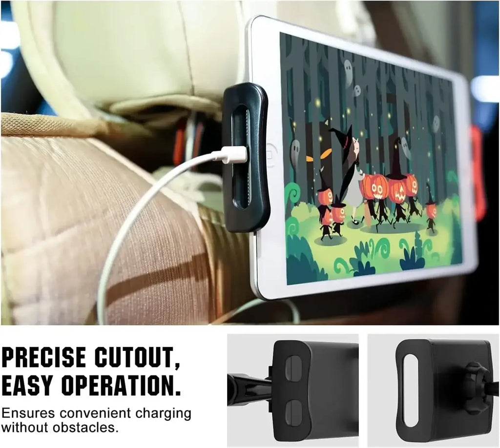 Black plastic car tablet mount 360 rotating headrest holder with precise charging cutout for easy access