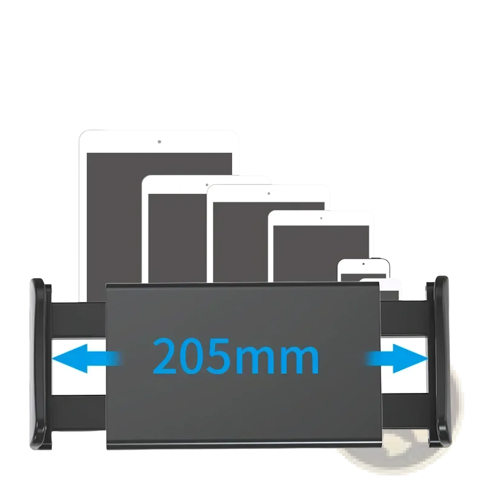 Black plastic car tablet mount with 360 rotating headrest holder and adjustable arms extending to 205mm max