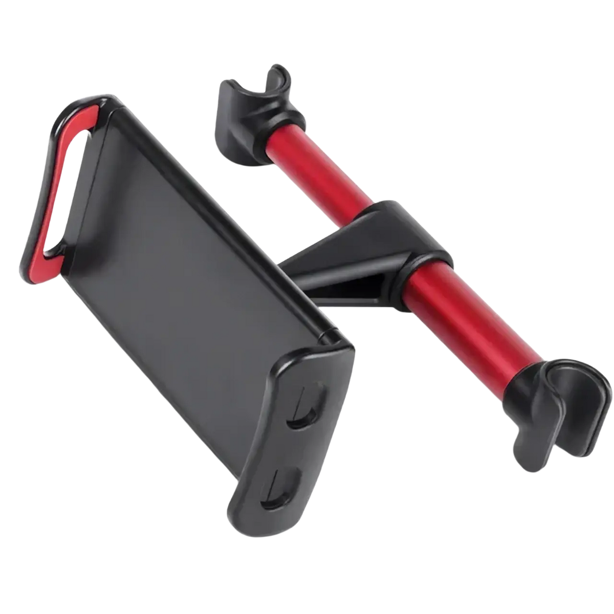 Black and red car tablet mount with 360 rotating adjustable arms for secure device mounting on headrest