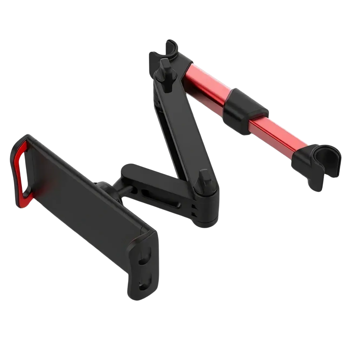 Black and red adjustable car tablet mount with 360 rotating foldable design for headrest installation