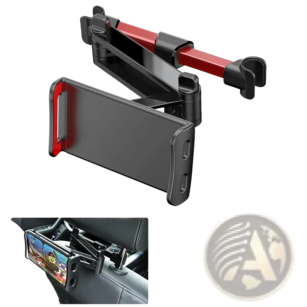 Black and red adjustable car tablet mount with 360 rotating articulated headrest holder for secure device holding