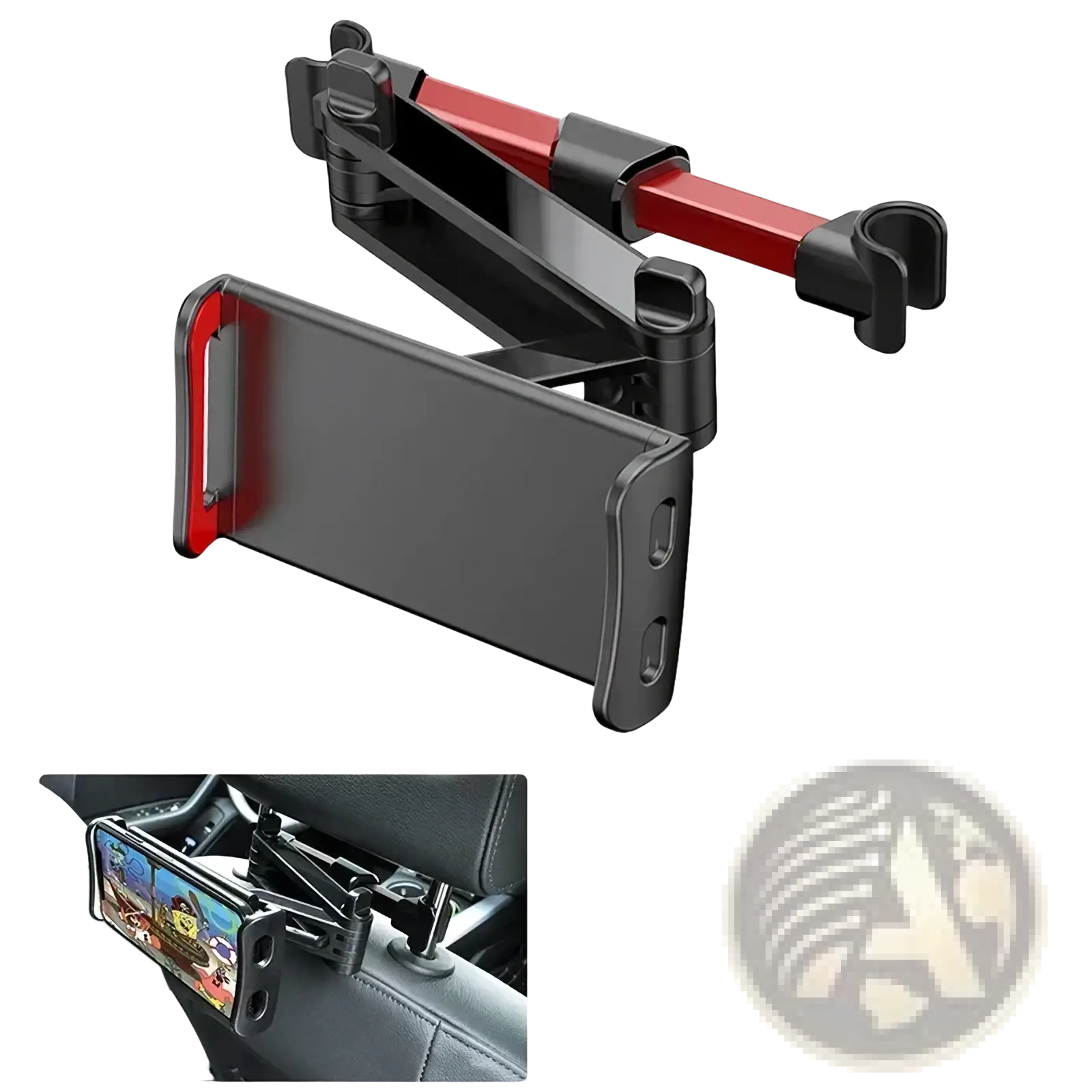 Black and red adjustable car tablet mount with 360 rotating articulated headrest holder for secure device holding