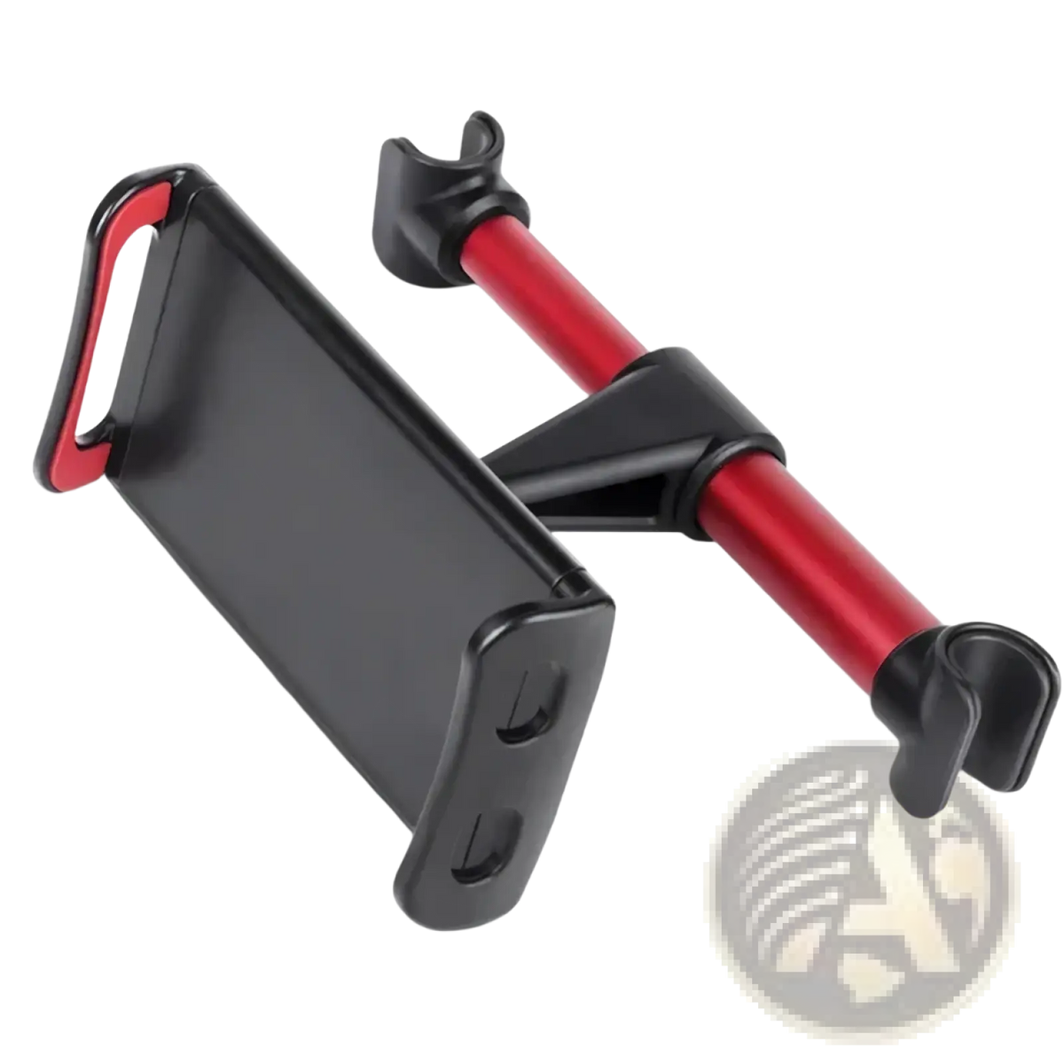 Black and red car tablet mount with 360 rotating adjustable arms for secure device mounting on headrest