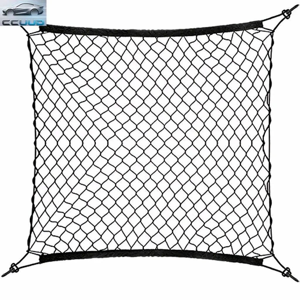 Black diamond-patterned nylon car trunk cargo net with reinforced edges and adjustable tie-downs for storage organization