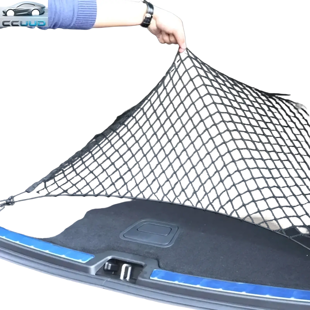 Black nylon car trunk cargo net with diamond pattern for organized storage and secure transport of items