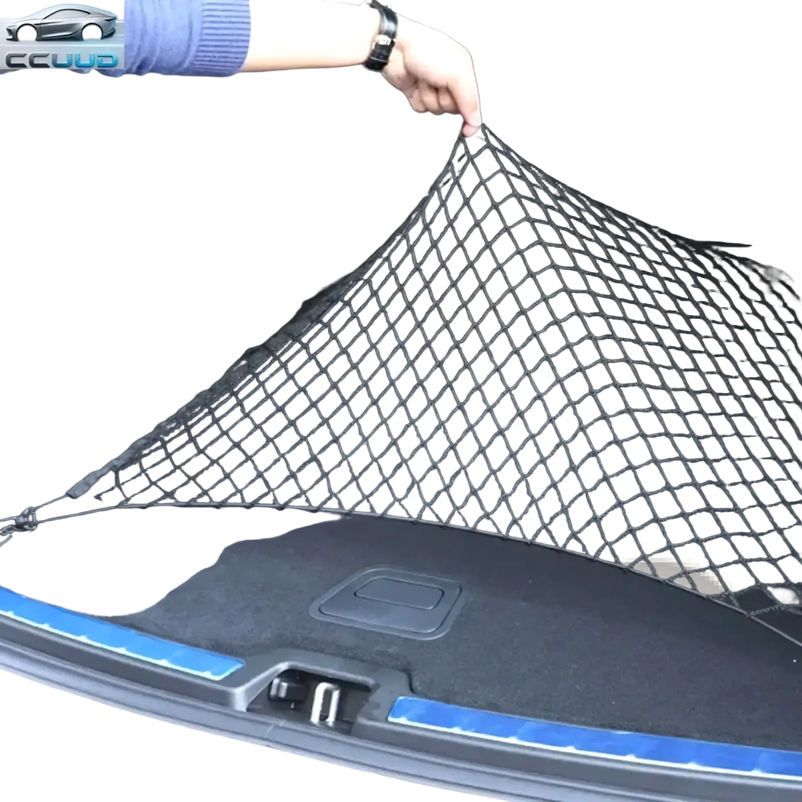 Black nylon car trunk cargo net with diamond pattern for organized storage and secure transport of items