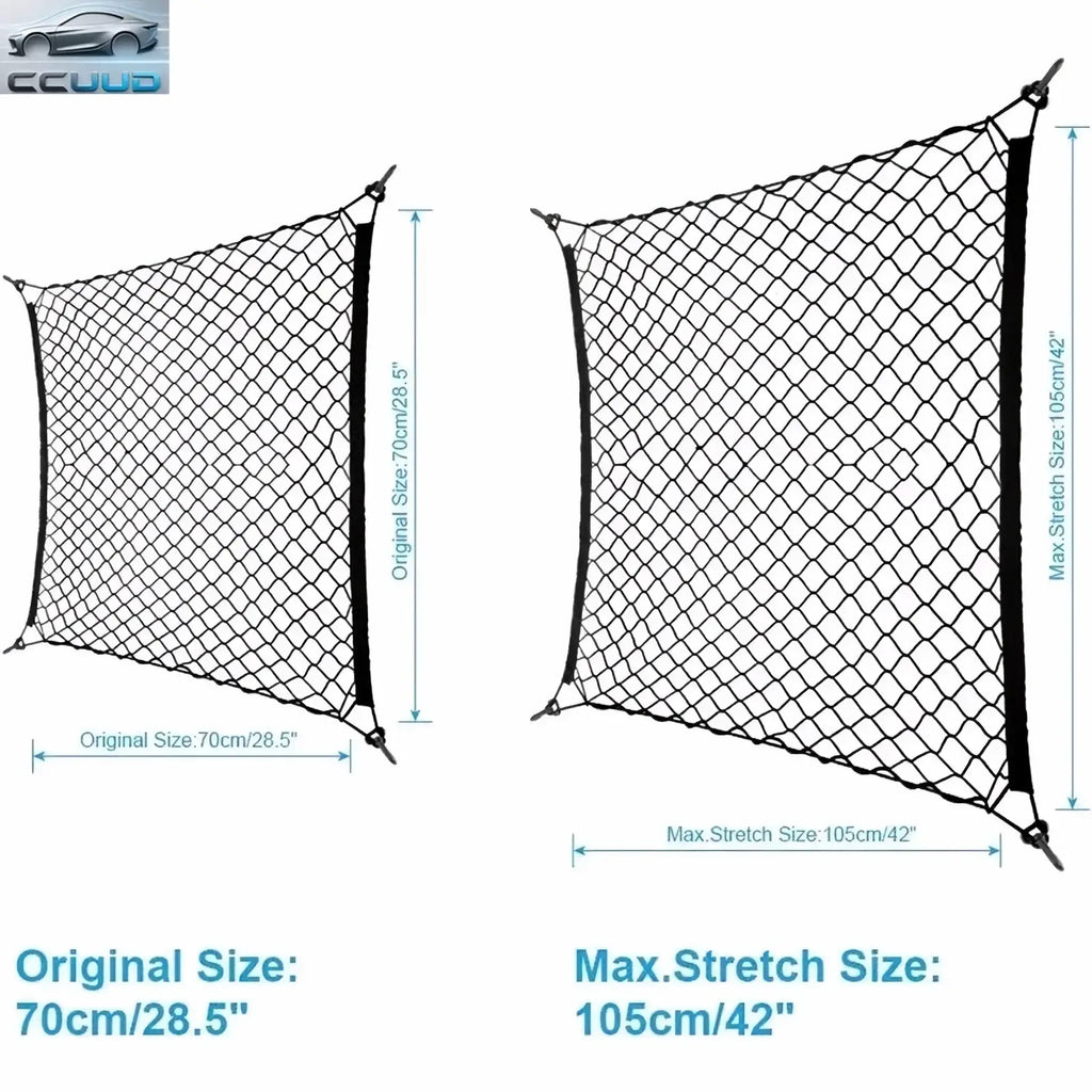 Black mesh car trunk cargo net with nylon material reinforced edges and adjustable stretch for secure storage