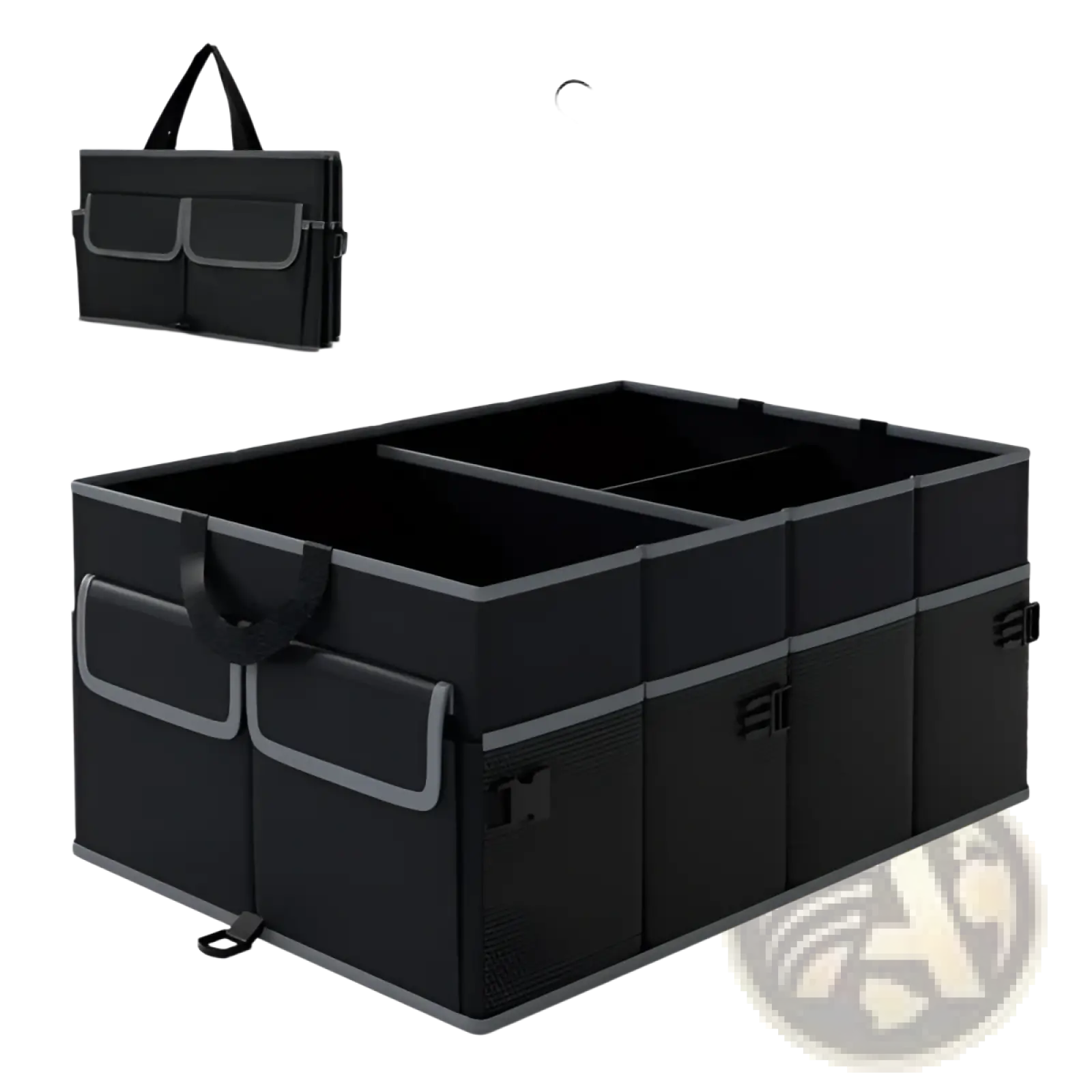 Black foldable car trunk organizer with gray trim and three compartments for 13 gallon storage capacity