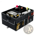 Black foldable car trunk organizer with 13 gallon capacity and multiple compartments for tools and accessories