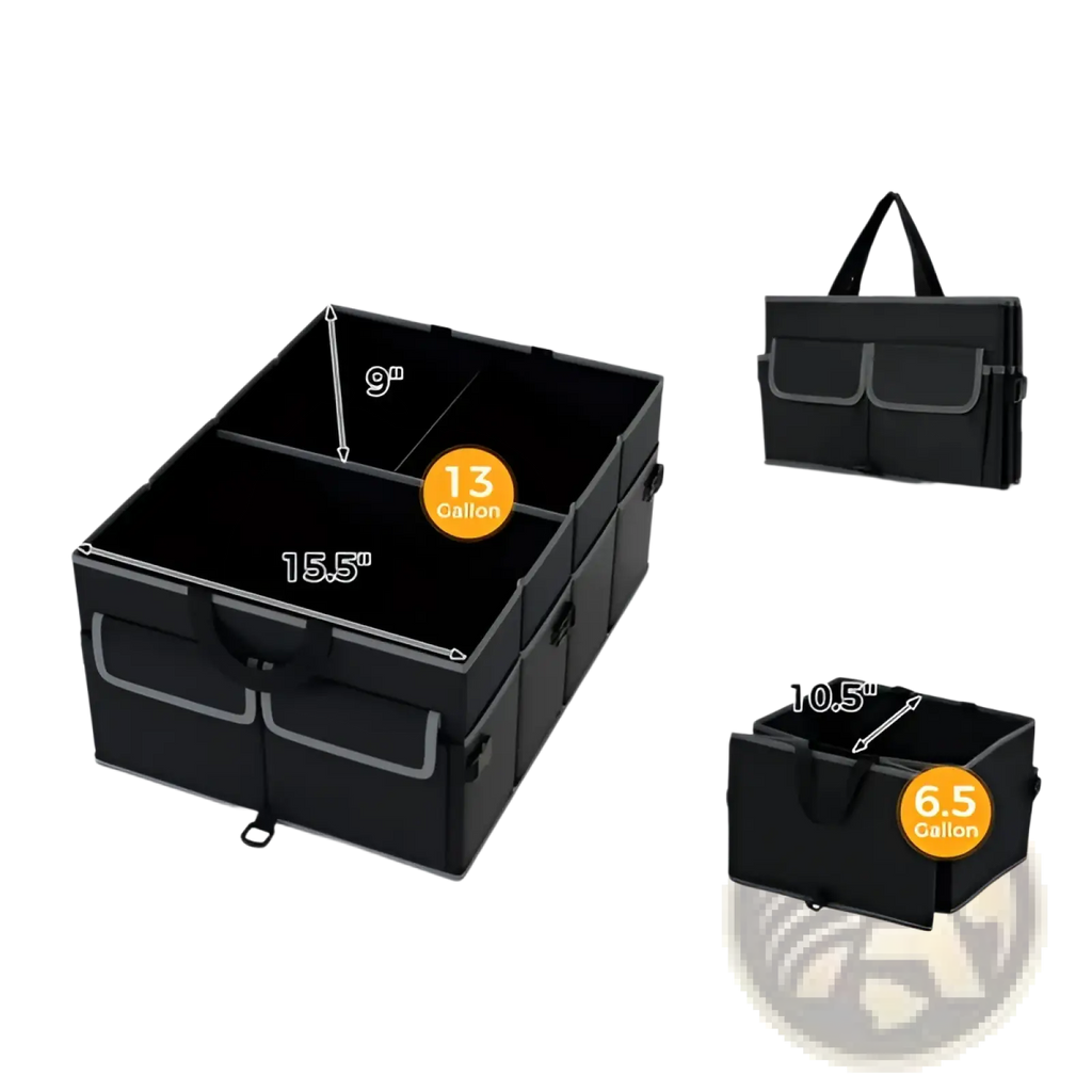 Black foldable car trunk organizer with gray trim and three compartments for 13 gallon storage capacity