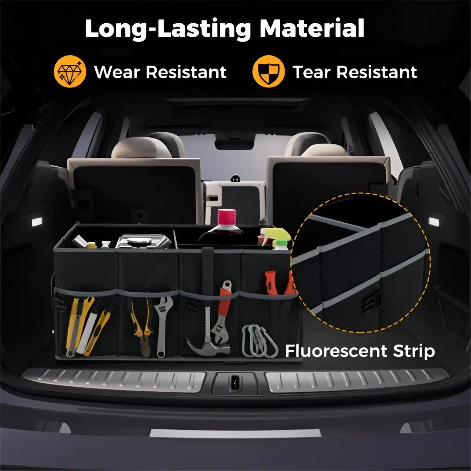 Black long-lasting material car trunk organizer with fluorescent strip accents and three compartments for tools