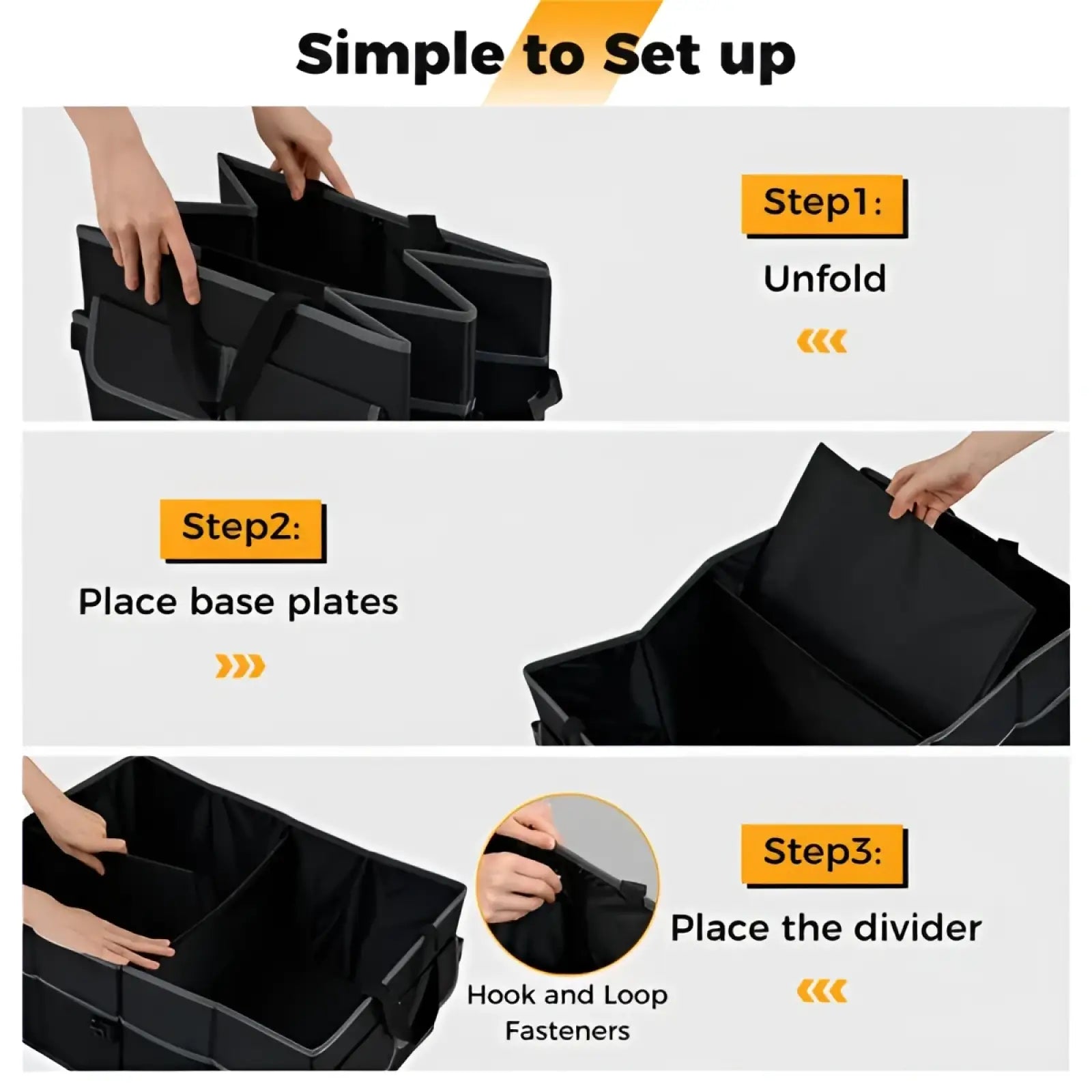 Black fabric car trunk organizer with 13 gallon capacity and foldable compartments secured by hook-and-loop fasteners
