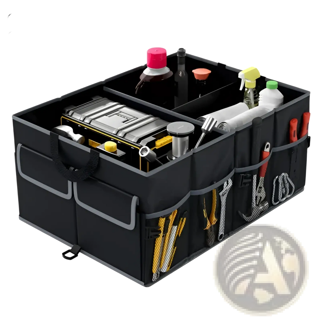 Black foldable car trunk organizer 13 gallon with three compartments and side pockets designed for tools and accessories