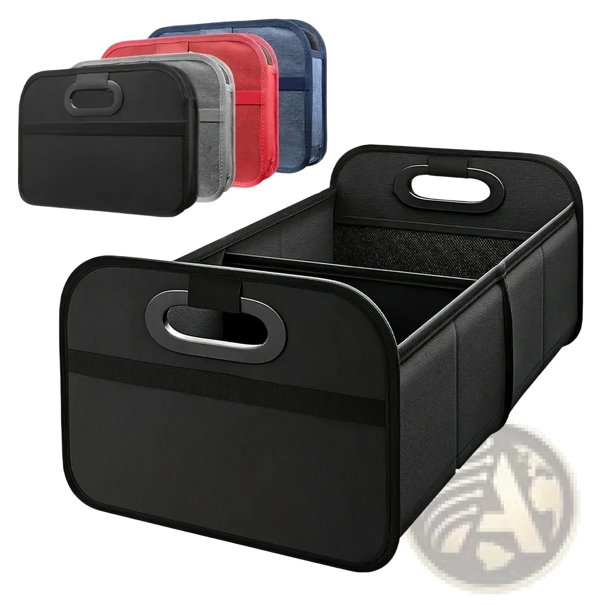 Black fabric car trunk organizer collapsible storage bag with sturdy handle and mesh interior for efficient storage
