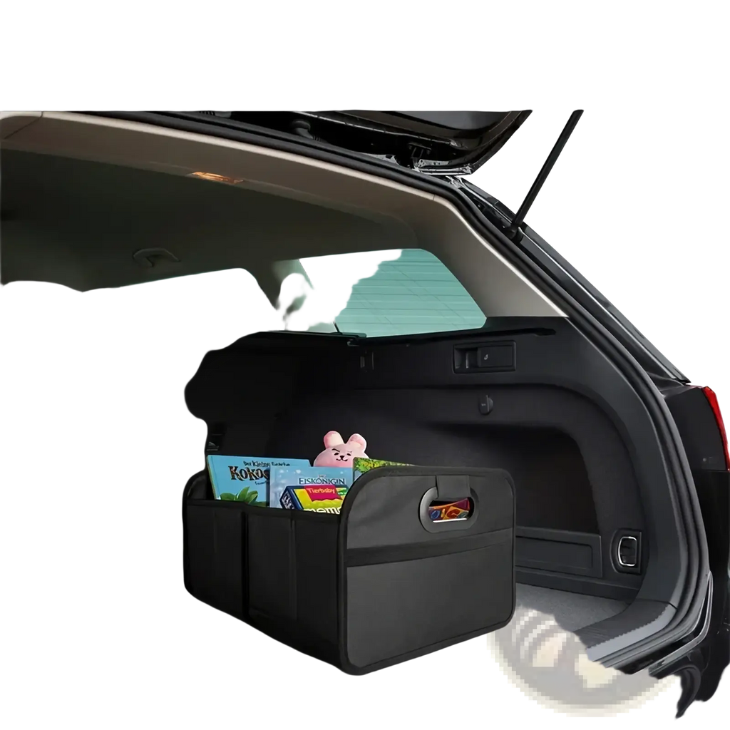 Black collapsible fabric car trunk organizer with handle and multiple compartments for efficient storage
