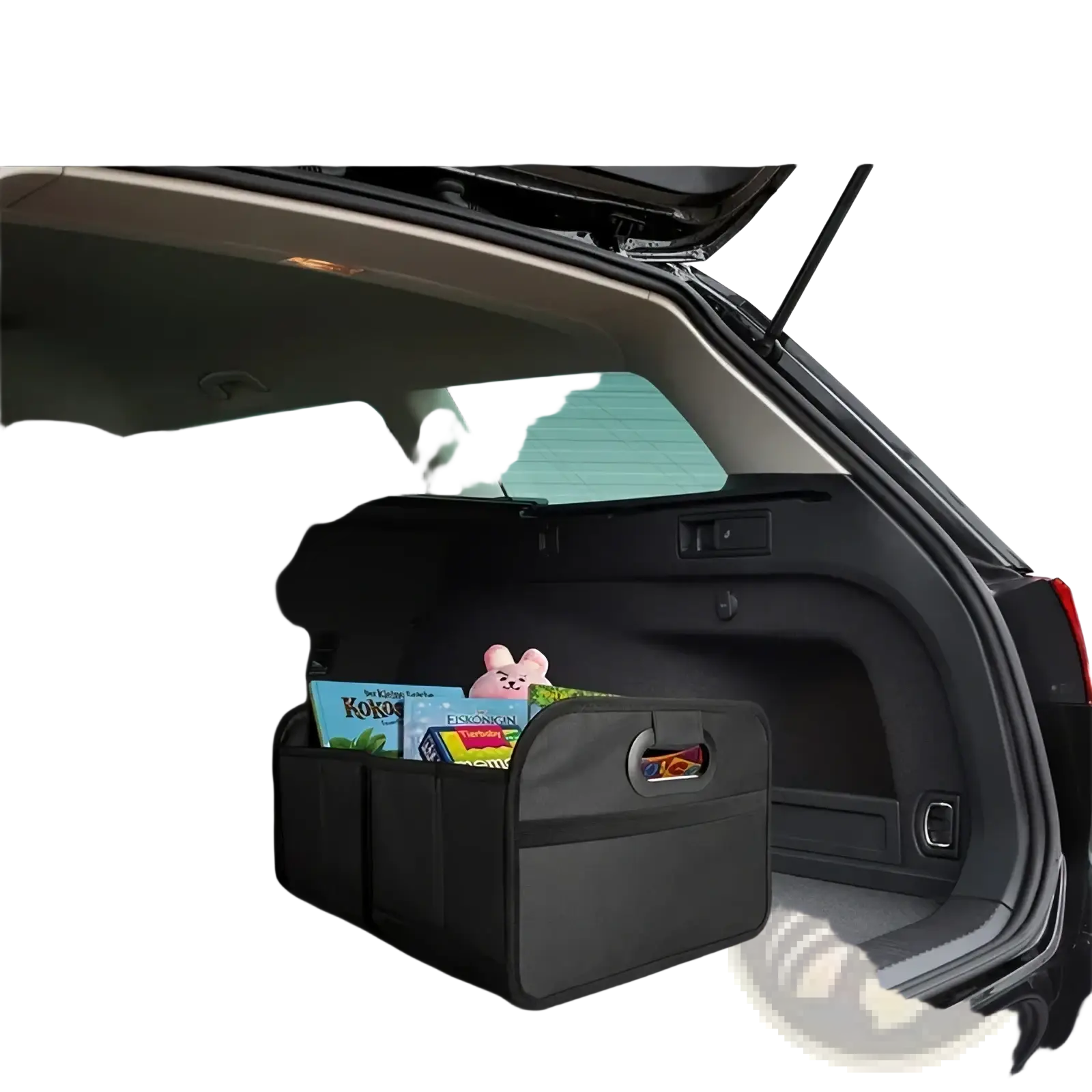 Black collapsible fabric car trunk organizer with handle and multiple compartments for efficient storage