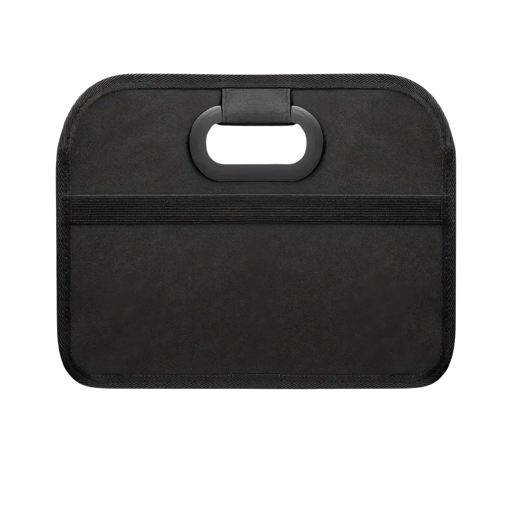 Black fabric car trunk organizer collapsible storage bag with loop handle and horizontal elastic band visible from back side