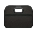 Black fabric car trunk organizer collapsible storage bag with loop handle and horizontal elastic band visible from back side