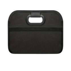 Black fabric car trunk organizer collapsible storage bag with loop handle and horizontal elastic band visible from back side