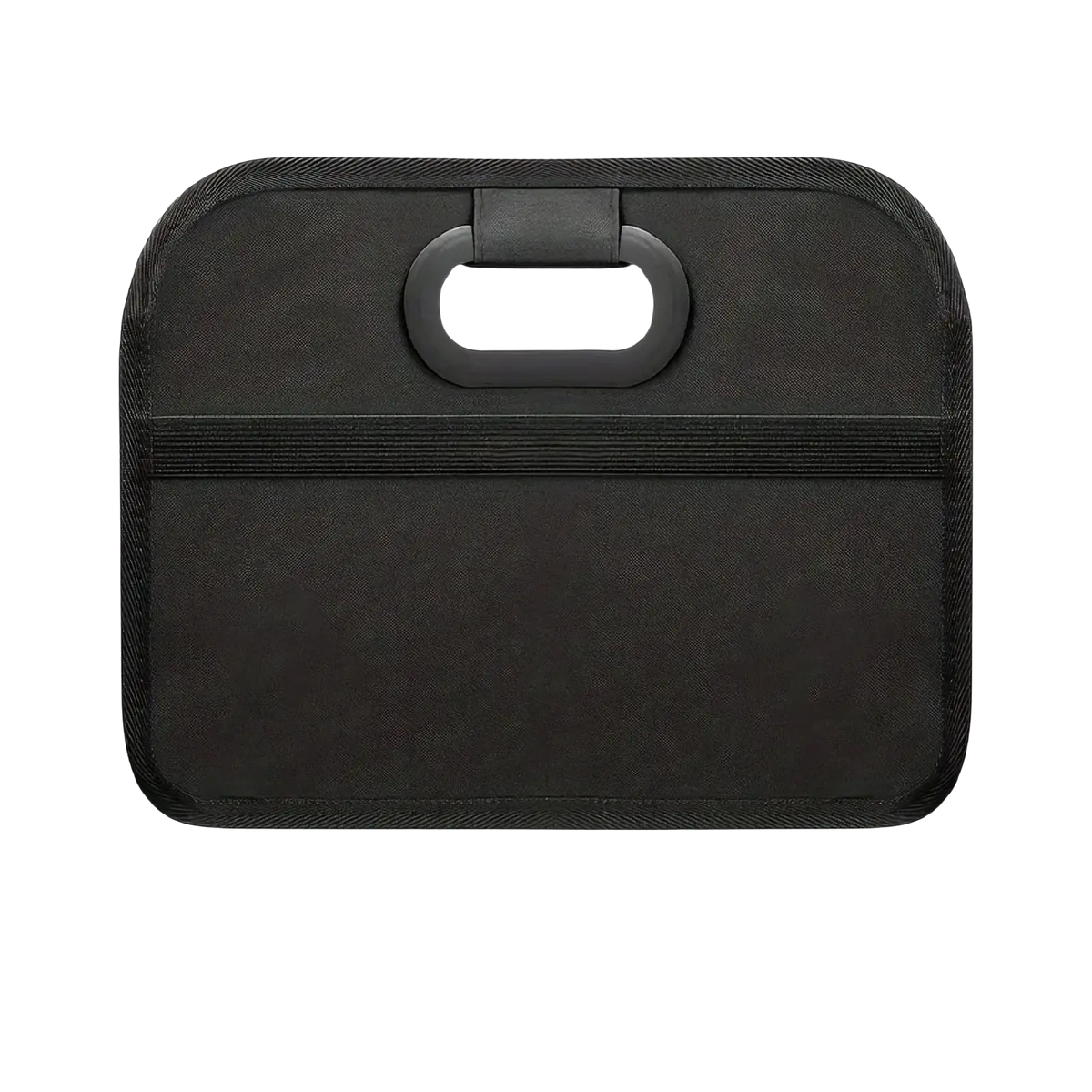 Black fabric car trunk organizer collapsible storage bag with loop handle and horizontal elastic band visible from back side
