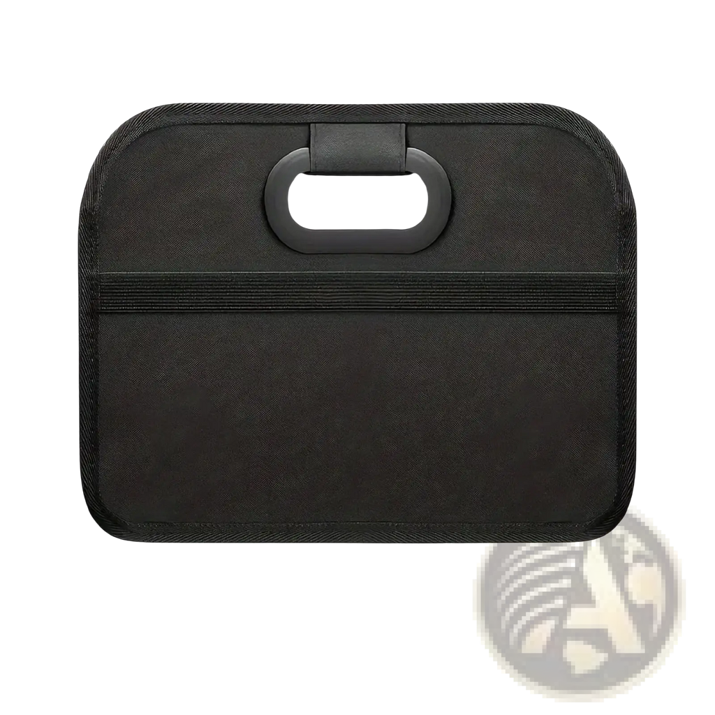 Black fabric car trunk organizer collapsible storage bag with loop handle and horizontal elastic band visible from back side