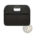 Black fabric car trunk organizer collapsible storage bag with loop handle and horizontal elastic band visible from back side