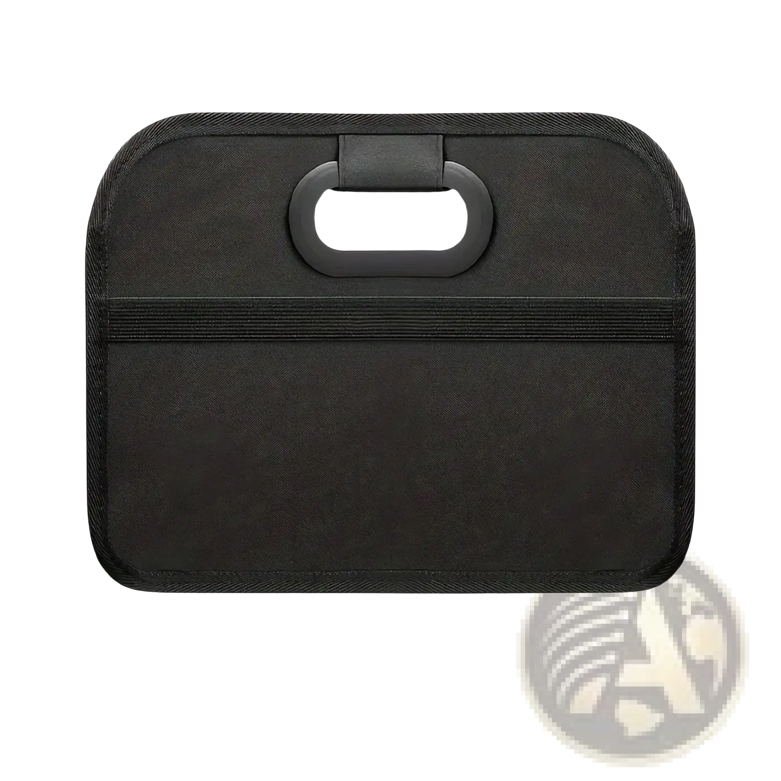 Black fabric car trunk organizer collapsible storage bag with loop handle and horizontal elastic band visible from back side