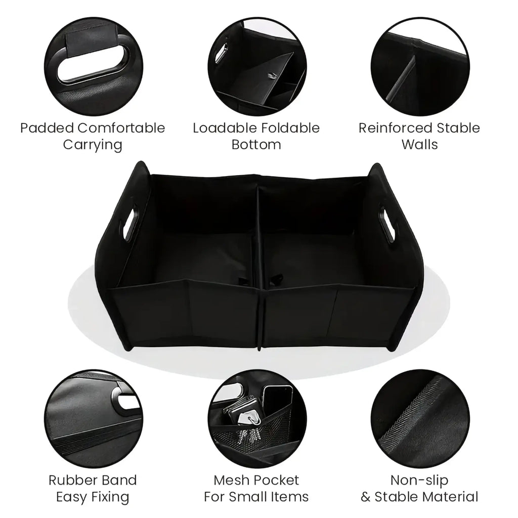 Black foldable car trunk organizer with reinforced walls and mesh pocket for small item storage
