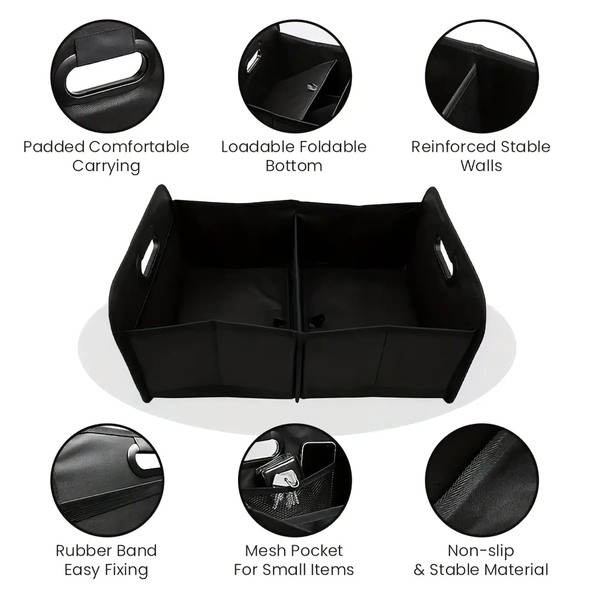 Black foldable car trunk organizer with reinforced walls and mesh pocket for small item storage