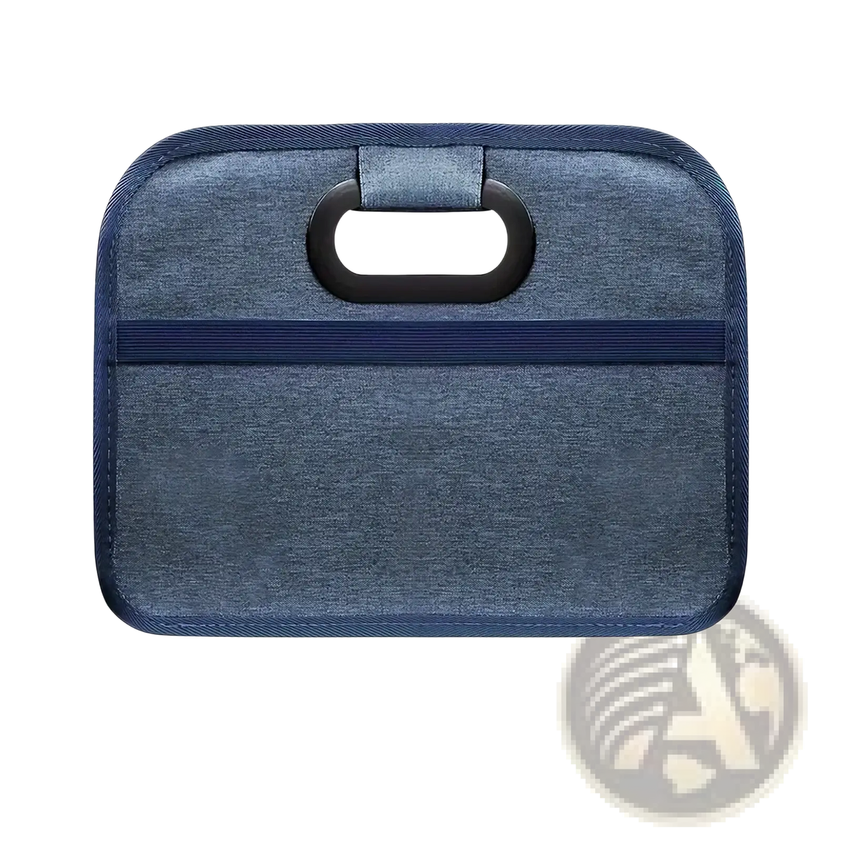 Blue denim textured car trunk organizer collapsible storage bag with black plastic handle and navy trim