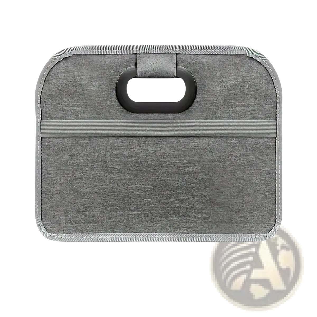 Grey textured fabric car trunk organizer collapsible storage bag with black plastic handle and reinforced stitching