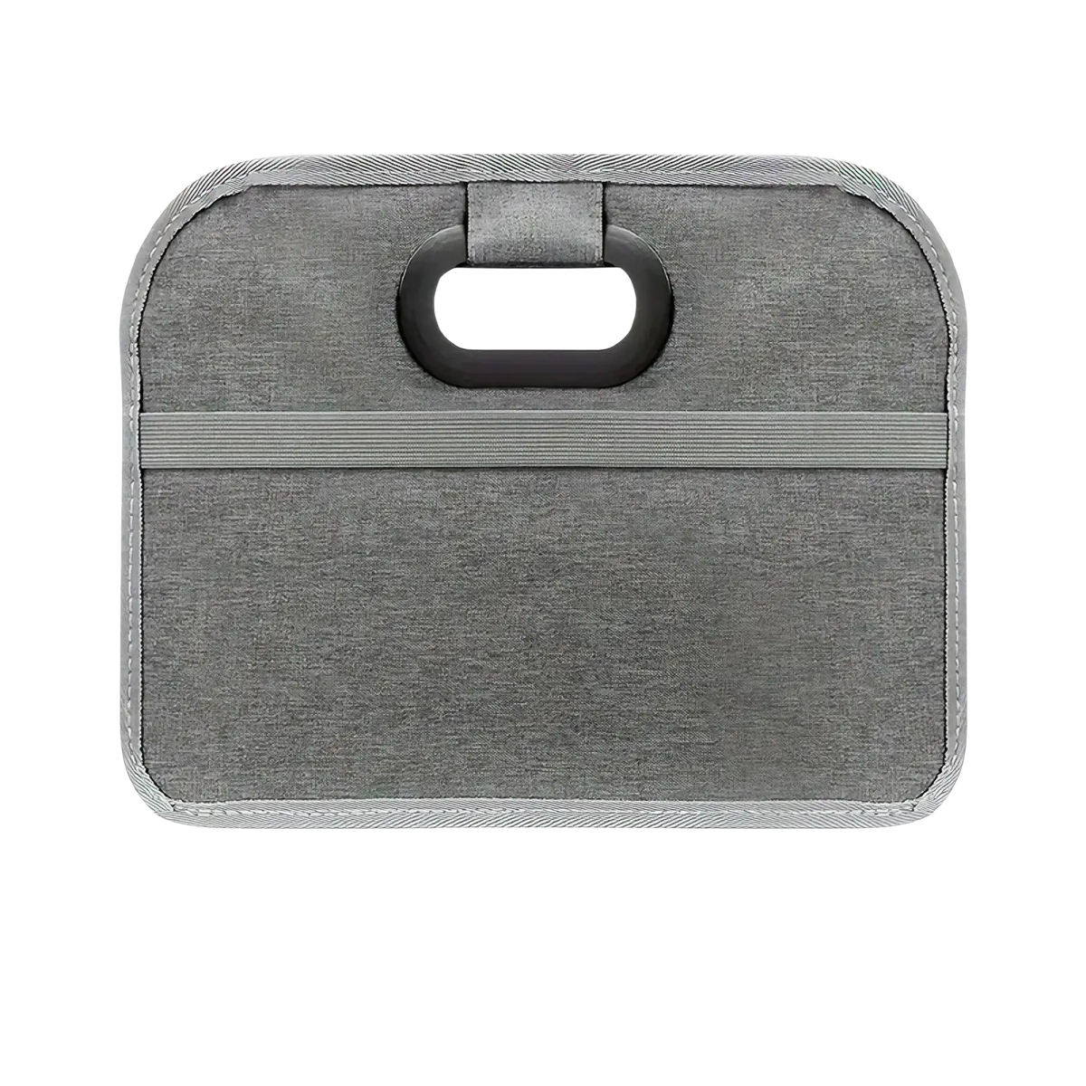 Grey textured fabric car trunk organizer collapsible storage bag with black plastic handle and reinforced stitching