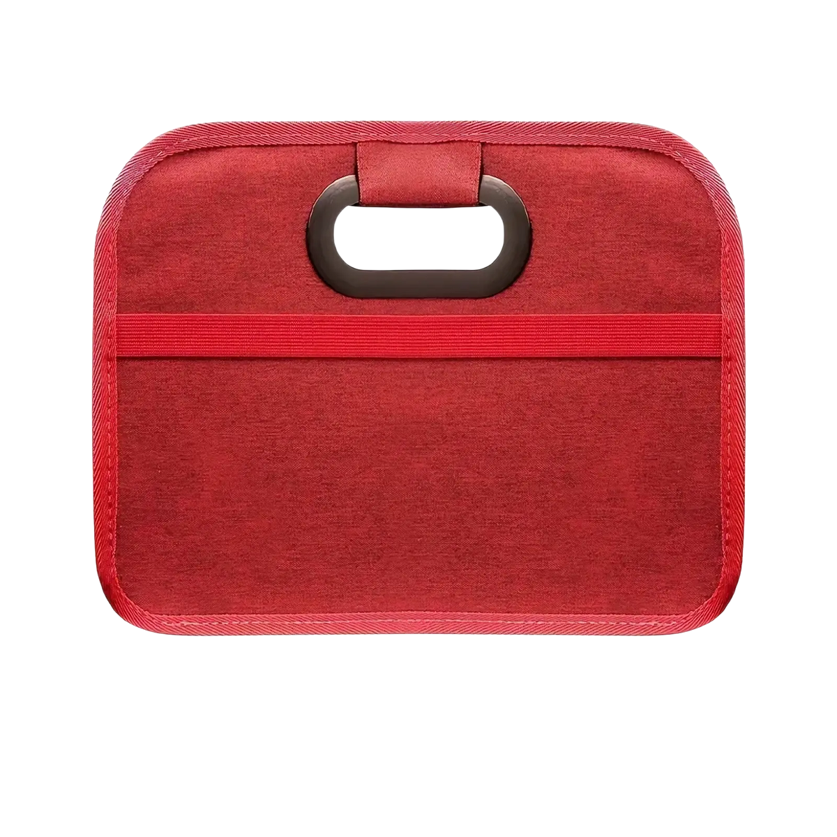 Red fabric car trunk organizer with black plastic handle and elastic strap for collapsible storage use